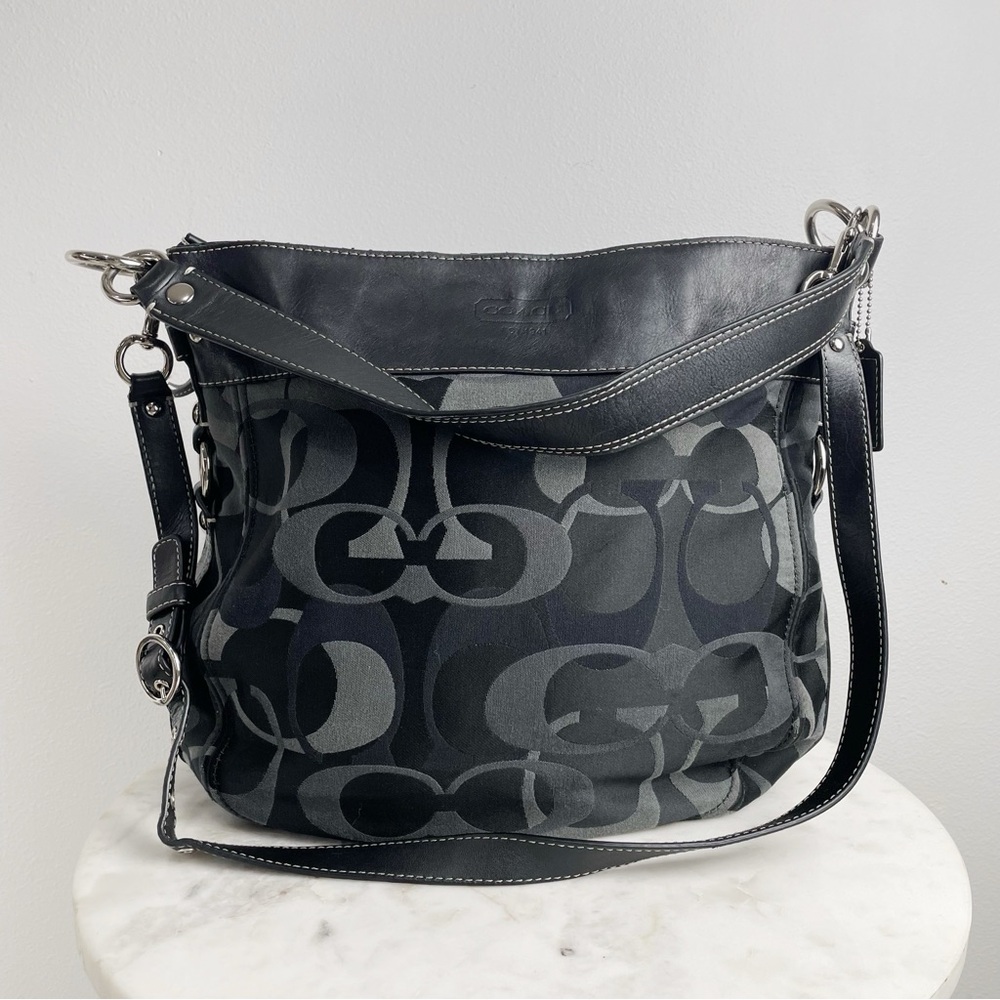 Coach Zoe Signature Jacquard Purse F14710 Shoulder Bag Logo Black Gray - Picture 3 of 14